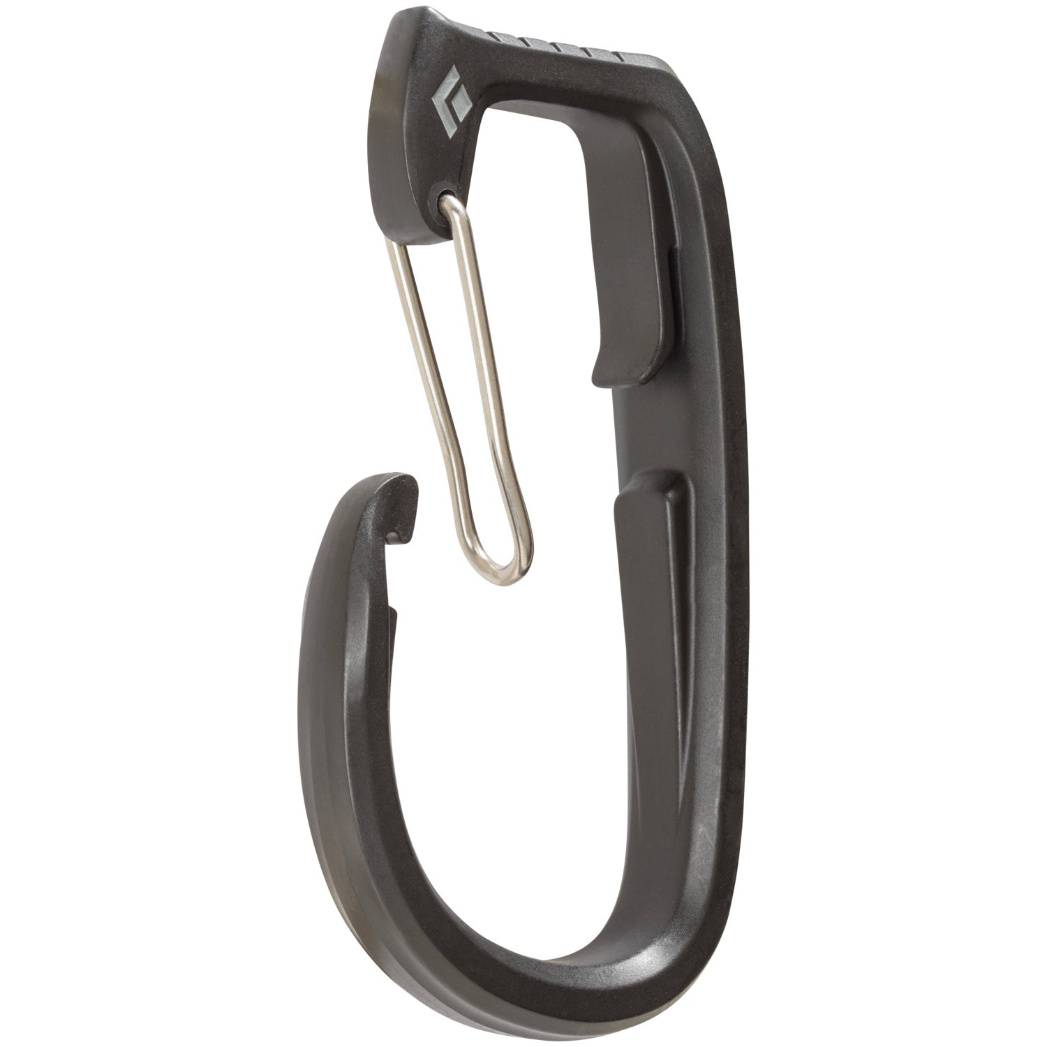 Black carabiner with a silver clip on a white background