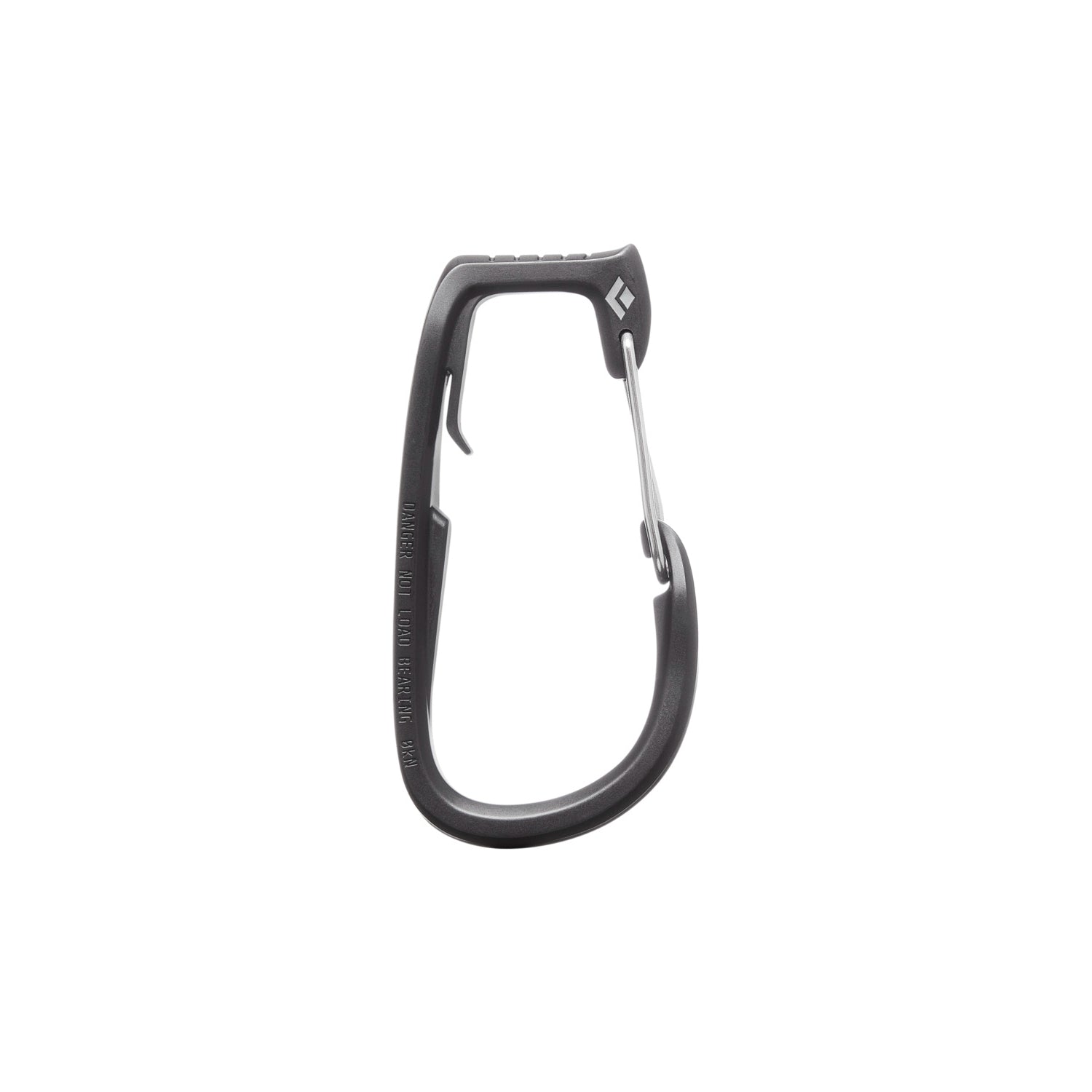 Black carabiner with a silver clip on a white background