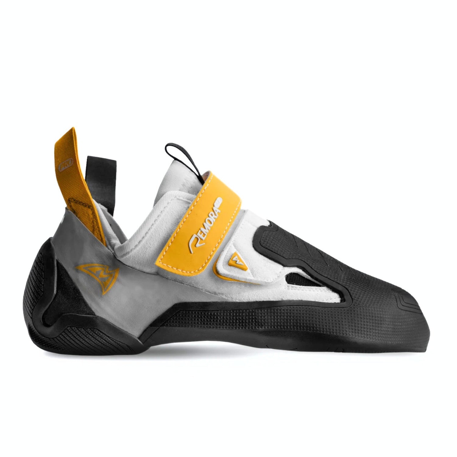 white and yellow climbing shoe on a white backgroung