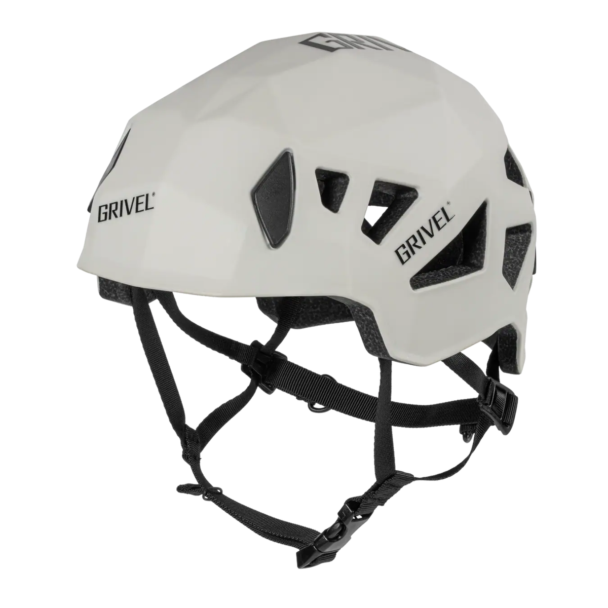 A Grivel white climbing helmet with black ventilation slots, black interior padding, and black adjustable chin straps, shown from a three-quarters angle on a white background.