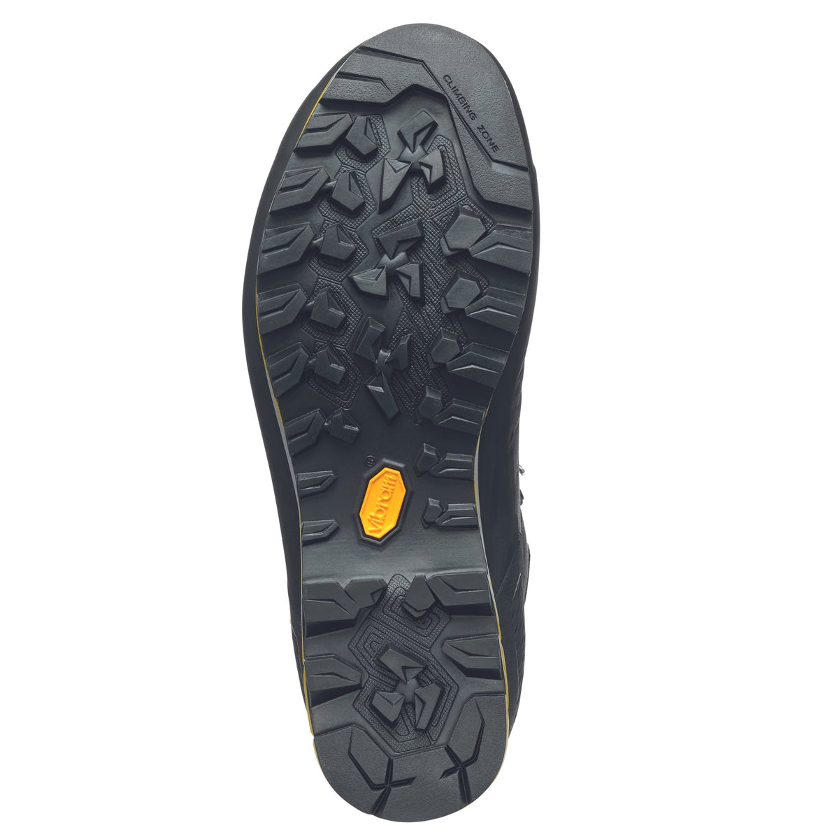 Scarpa Zodiac Tech GTX mens boots in anthracite sulphur colour. Showing sole unit with vibram rubber