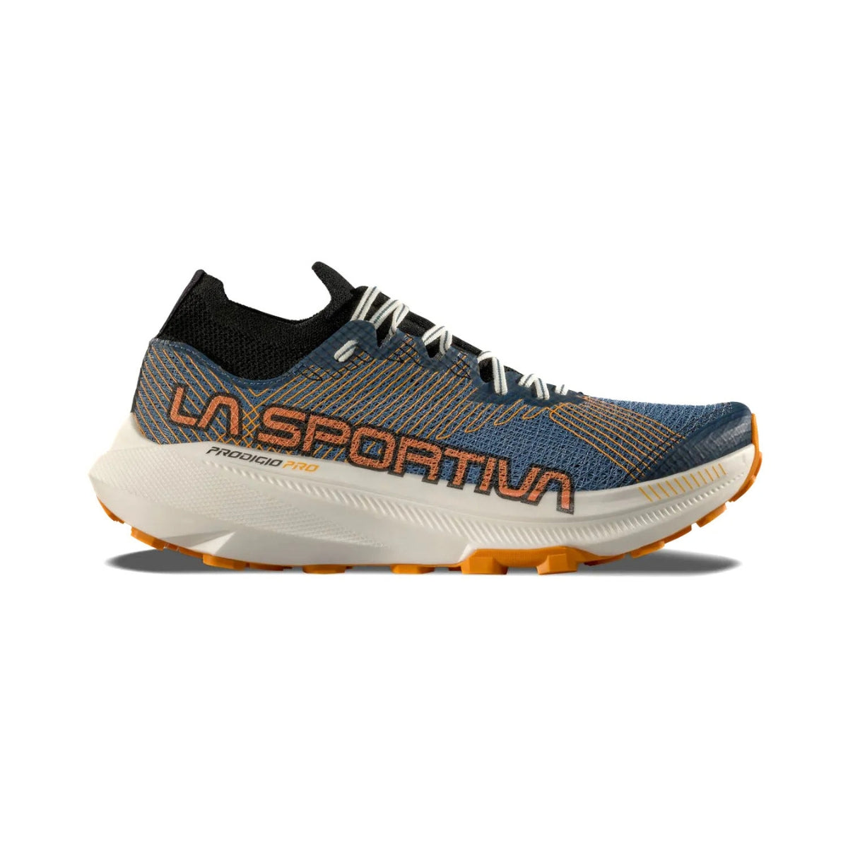 Blue and orange running shoe with white laces on a white background