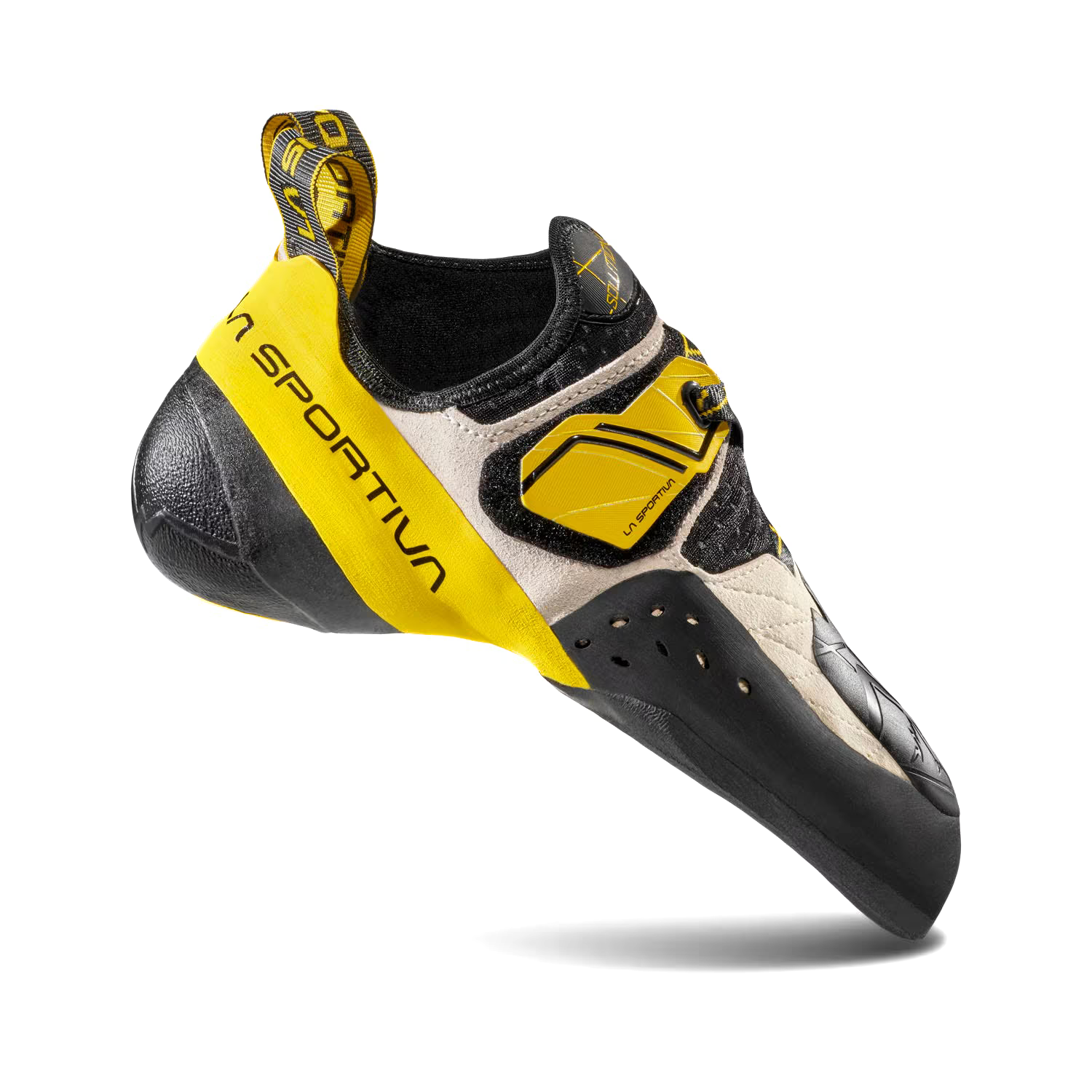 La Sportiva Solution limbing shoes in black white and yellow