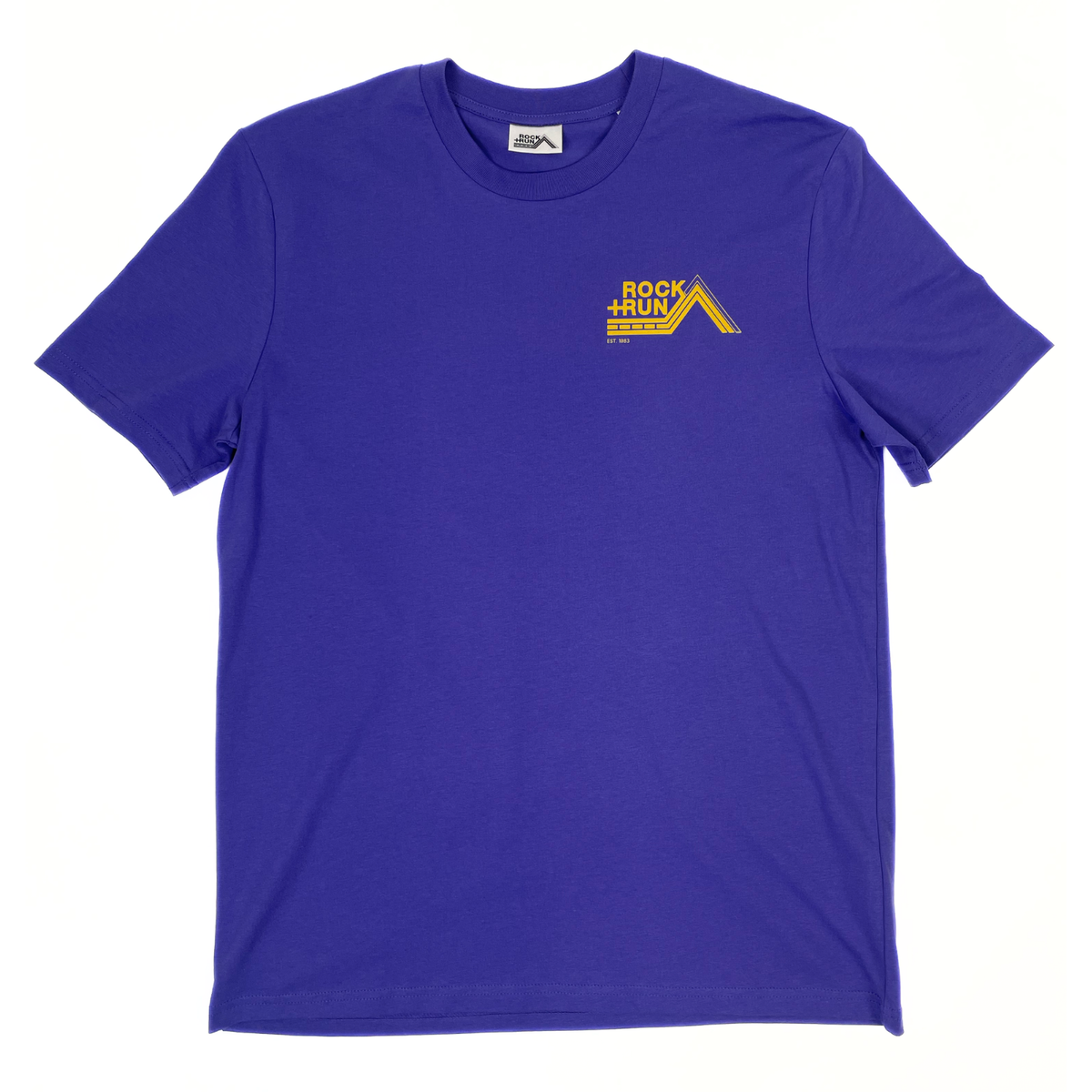 purple t-shirt with yellow logo on a white background
