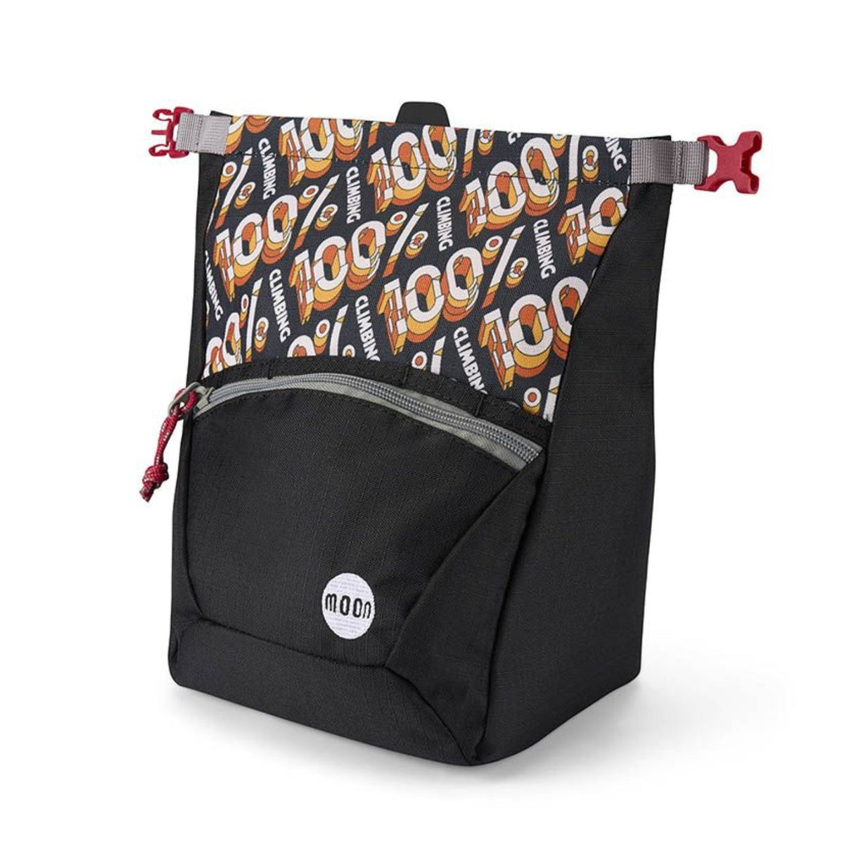 Black chalk bag with colourful patterned front section on a white background