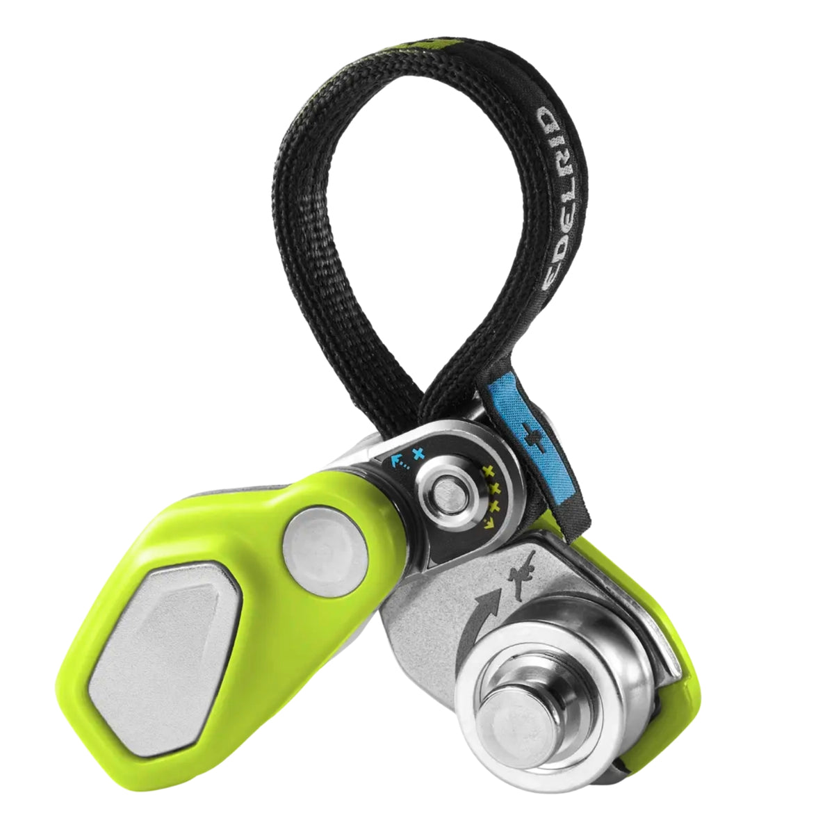 Green and silver climbing device with black strap on a white background
