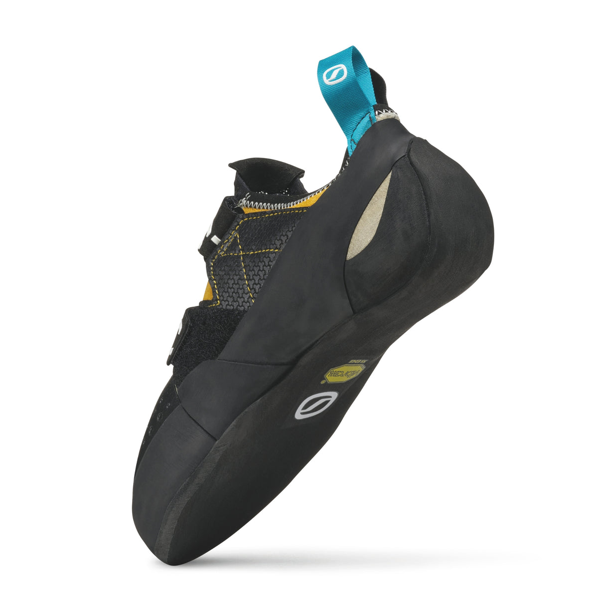 Black climbing shoe with a blue strap on a white background