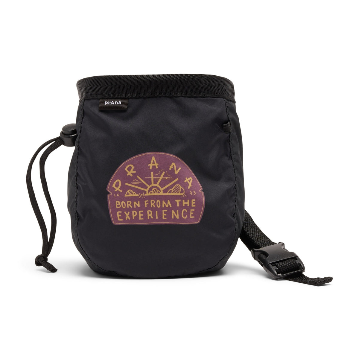 Black chalk bag with a logo and text on a white background