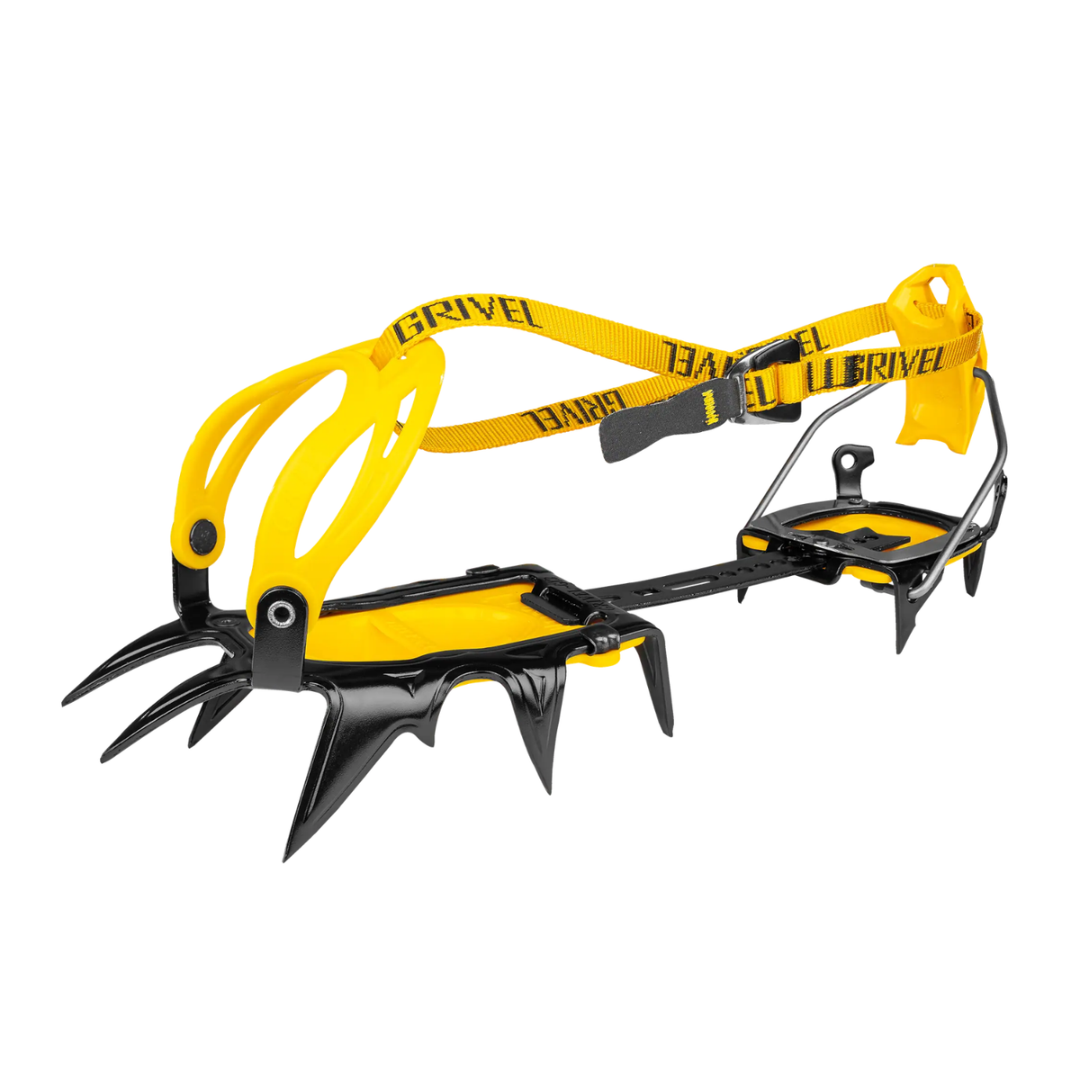 A yellow and black ice climbing crampon with a climbing rope strap printed with the brand name 'DRIVE1', shown on a plain white background.
