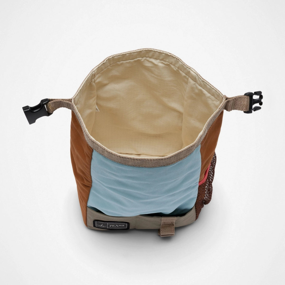 Brown and beige bag with a blue interior on a white background