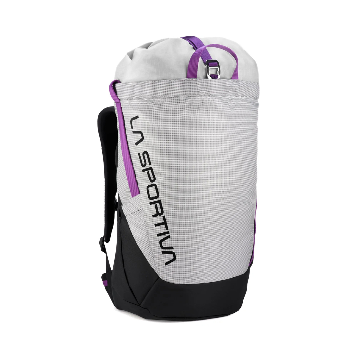 A light gray and black sports backpack with purple accents and the vertical text 'LA SPORTIVA' printed on the side, shown against a plain white background.