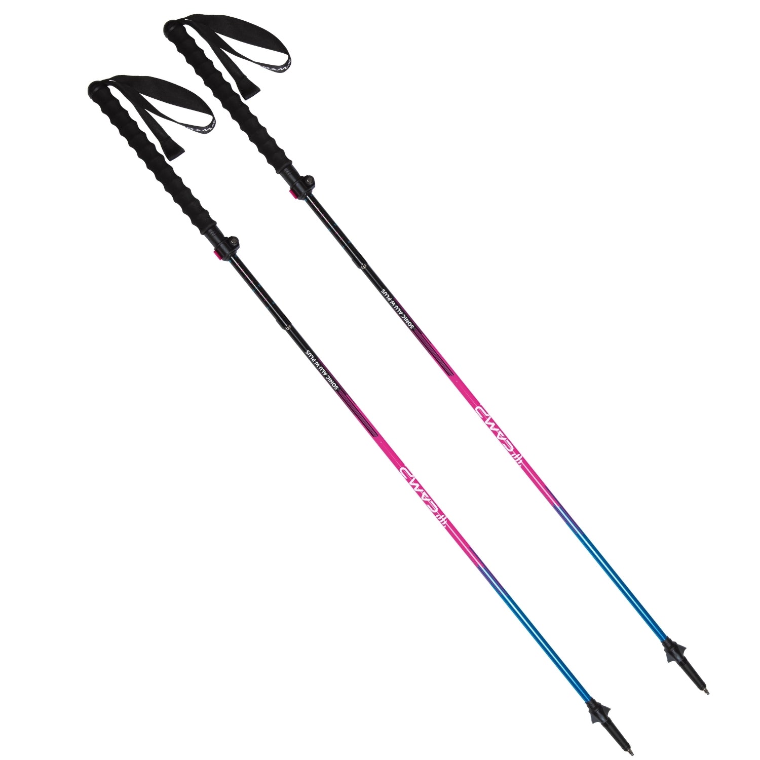Pair of pink and blue hiking poles with black grips on a white background