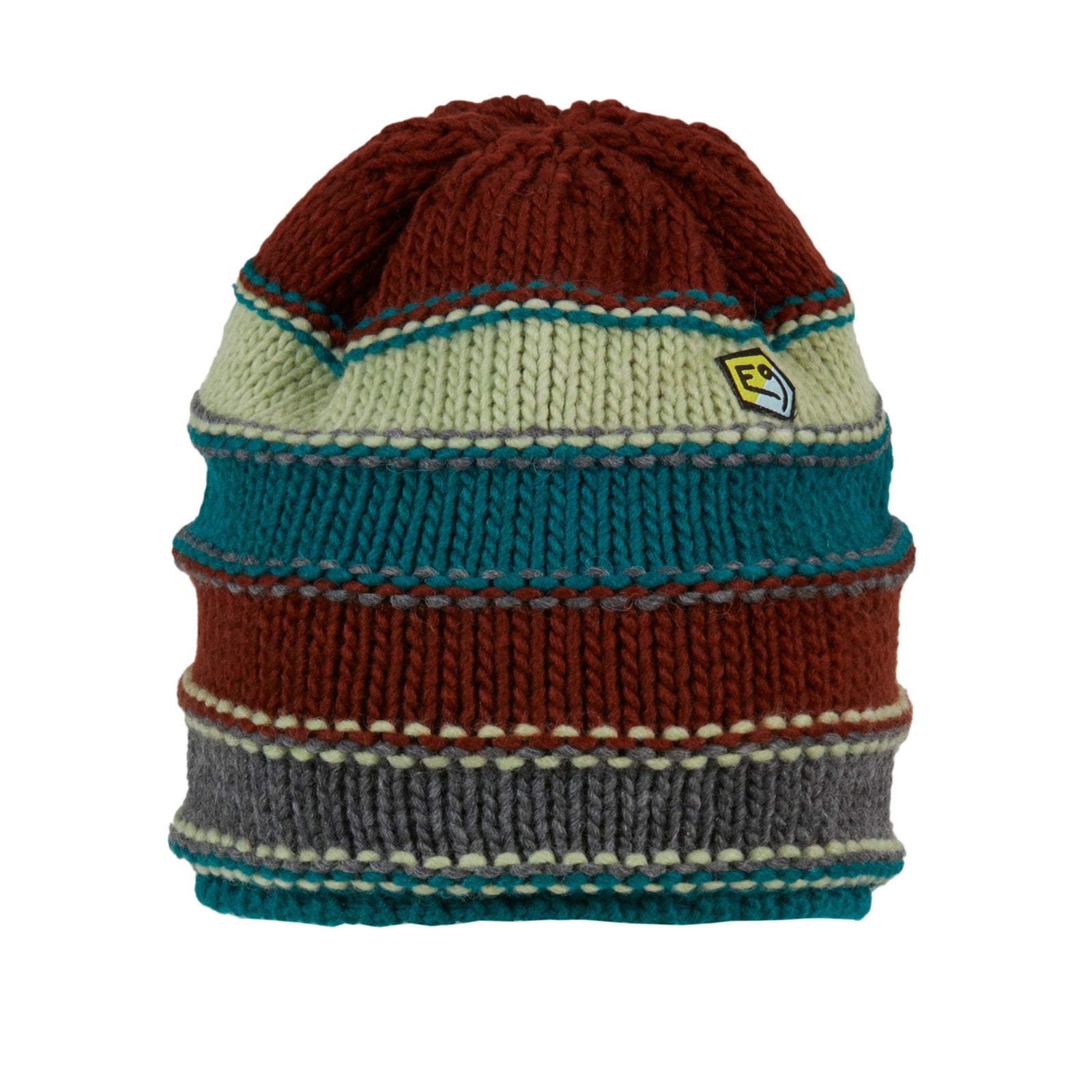 Knitted beanie with striped pattern on a white background