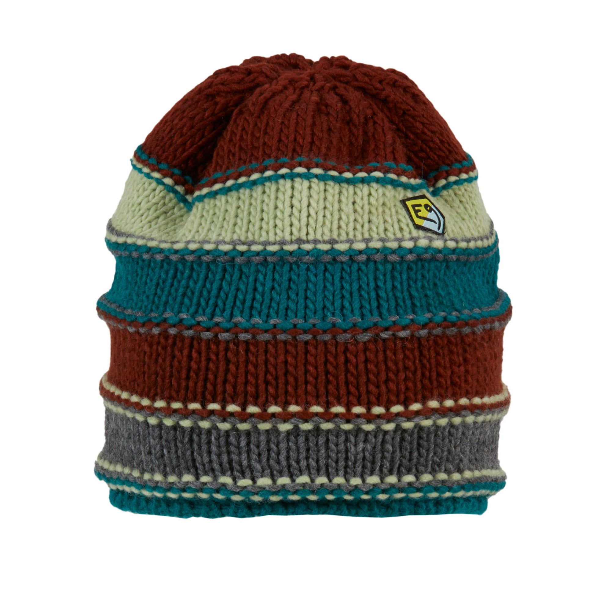 Knitted beanie with striped pattern on a white background