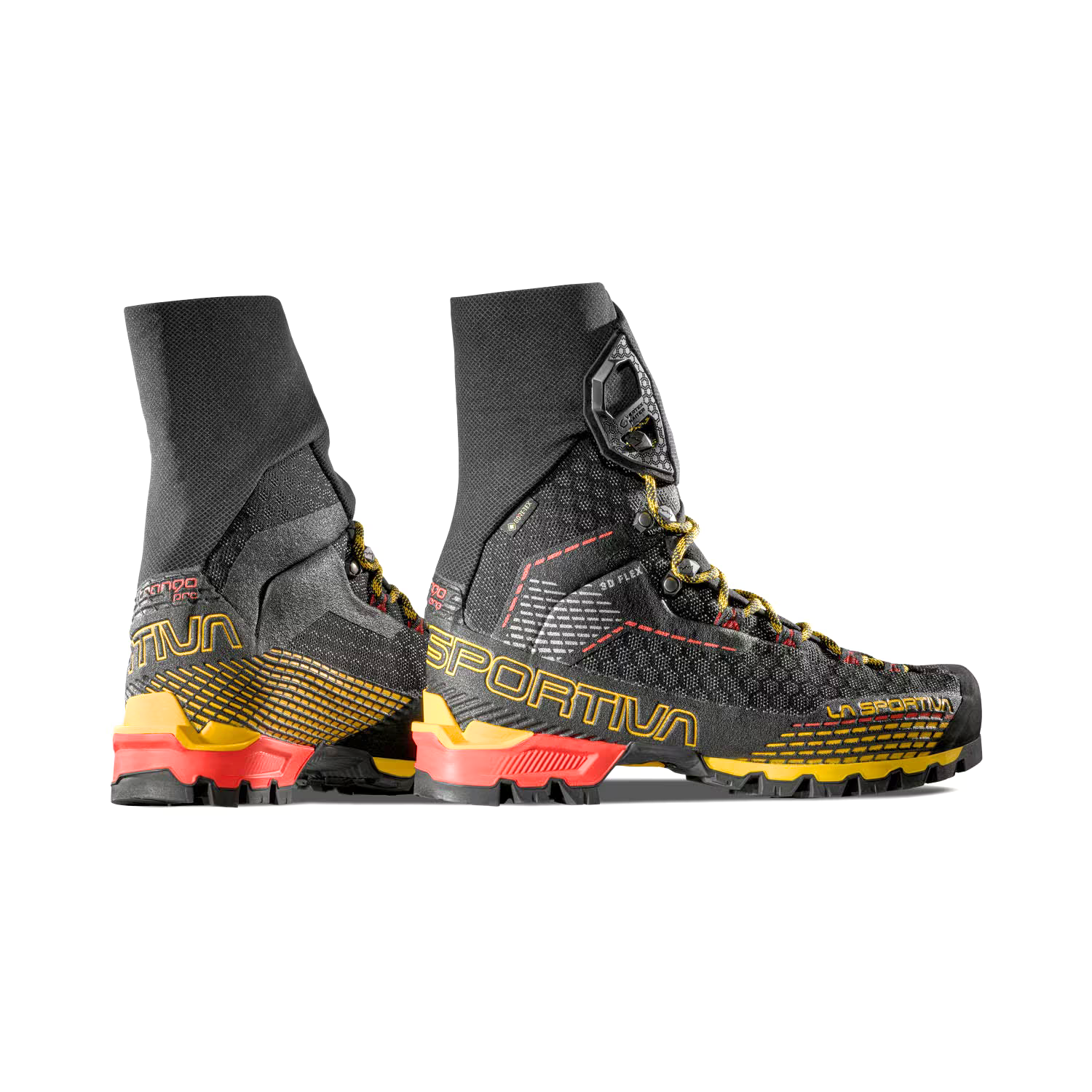 La Sportiva Trango Pro Gtx boots in black with yellow and red trim