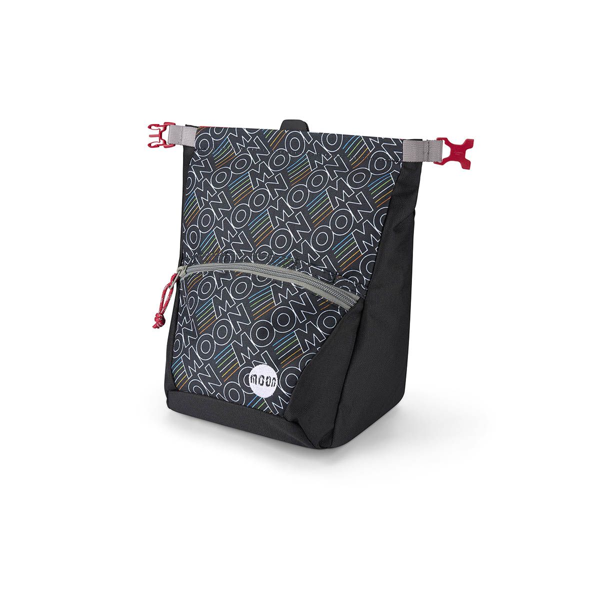Black and patterned bag with red straps on a white background