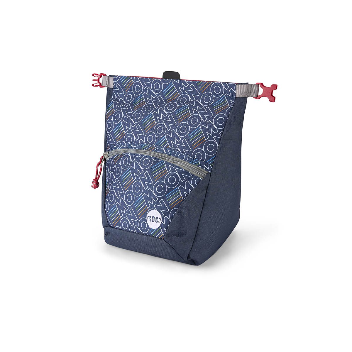 Black and patterned bag with red straps on a white background