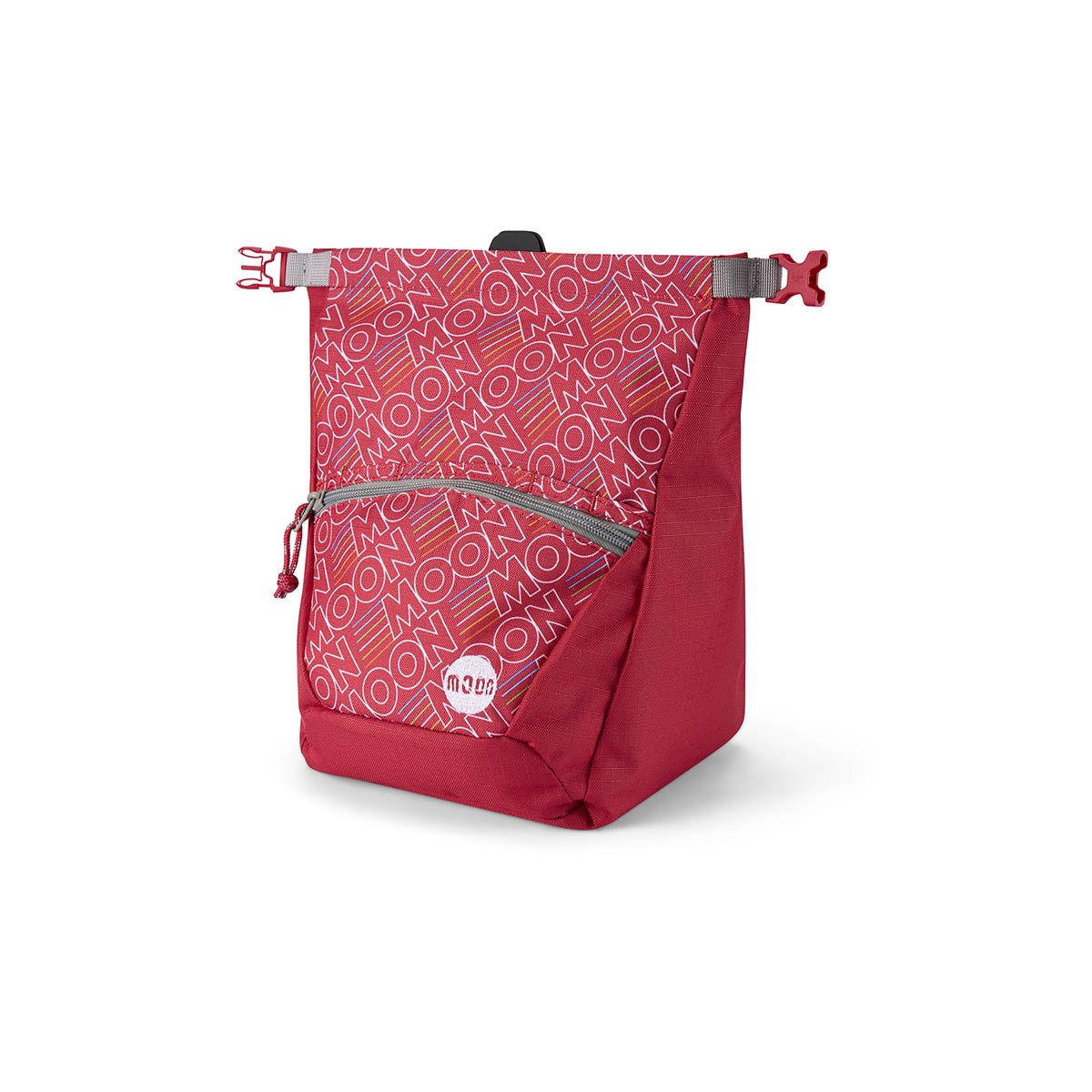 Red backpack with patterned front pocket on a white background
