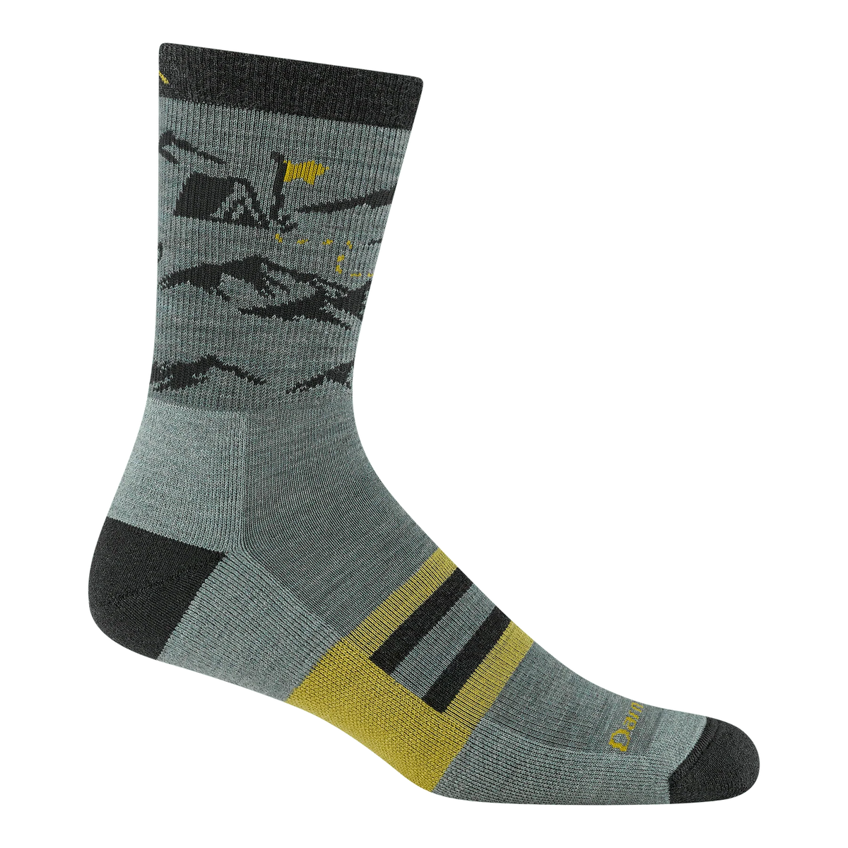 Gray sock with black and yellow accents on a white background