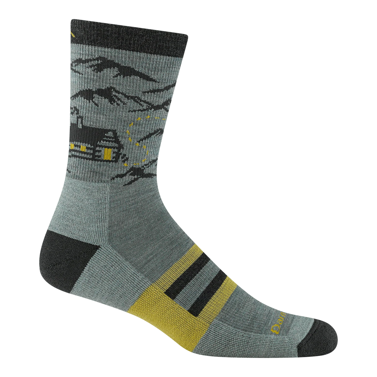 Gray sock with mountain and cabin design on a white background