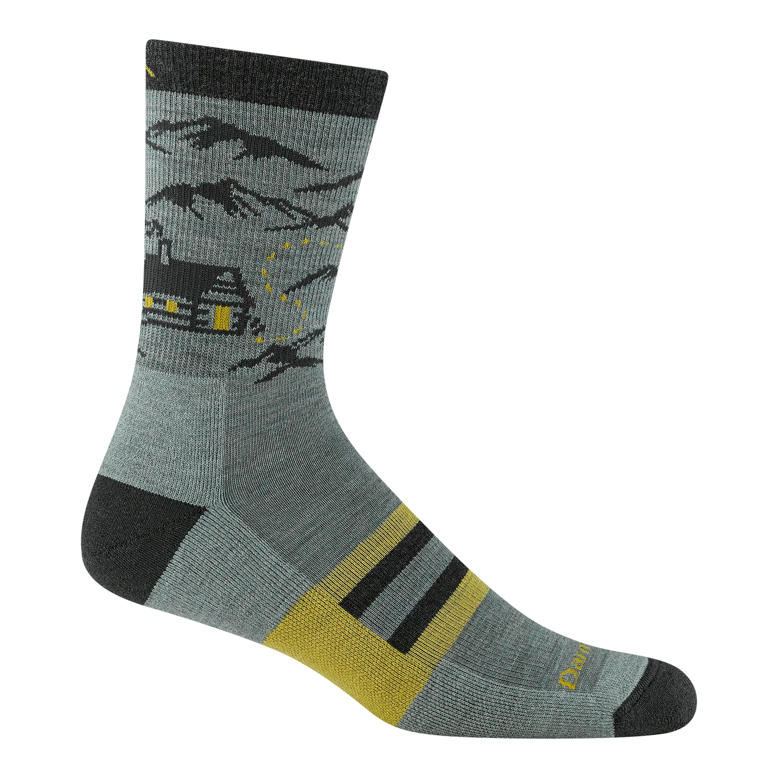 Gray sock with mountain and cabin design on a white background