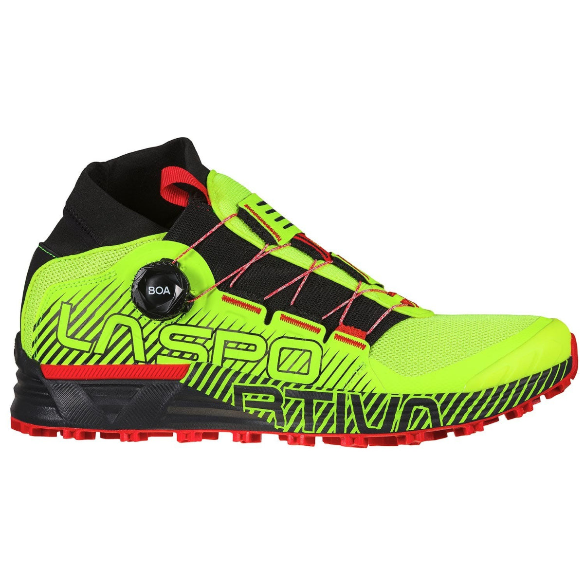 La Sportiva Cyklon (Neon/Goji) running shoe from the side showing boa lacing system