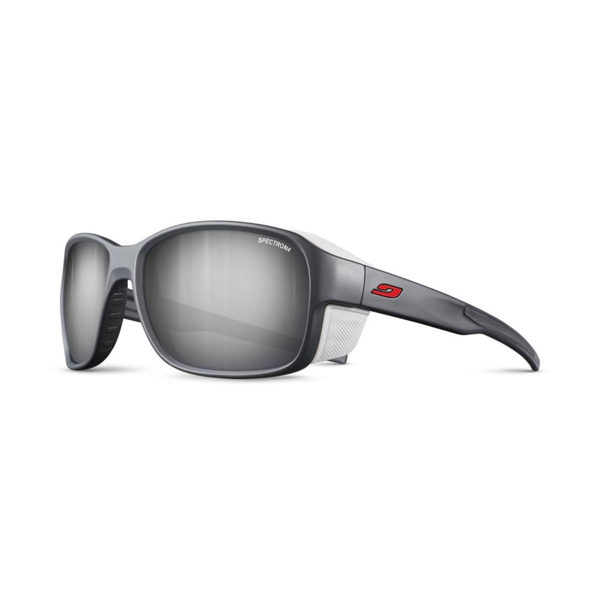 Sunglasses with gray frame and dark lenses on a white background