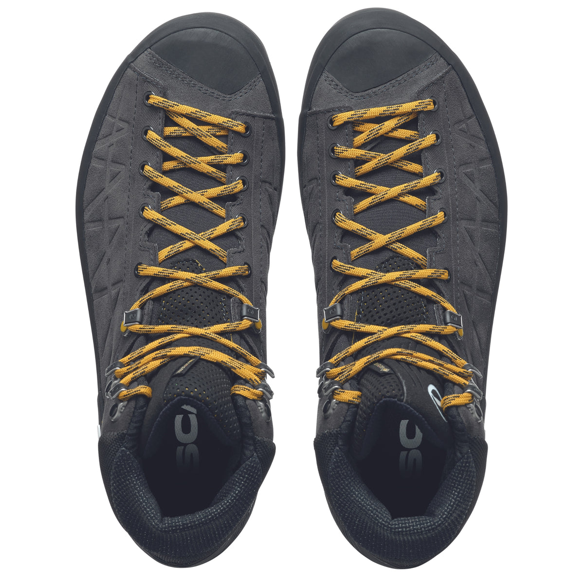 Scarpa Zodiac Tech GTX mens boots in anthracite sulphur colour. Showing laces from above