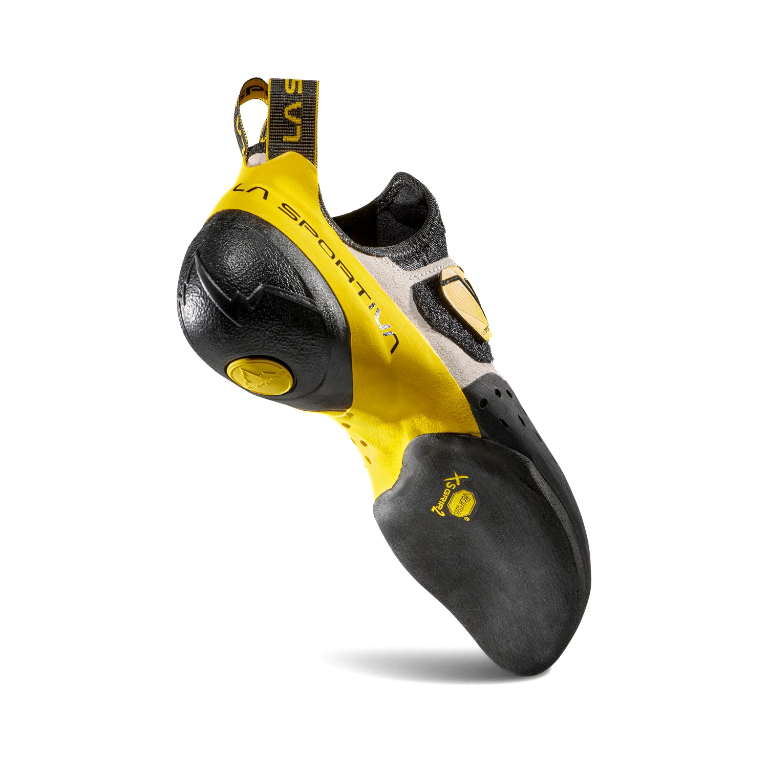 La Sportiva Solution limbing shoes in black white and yellow