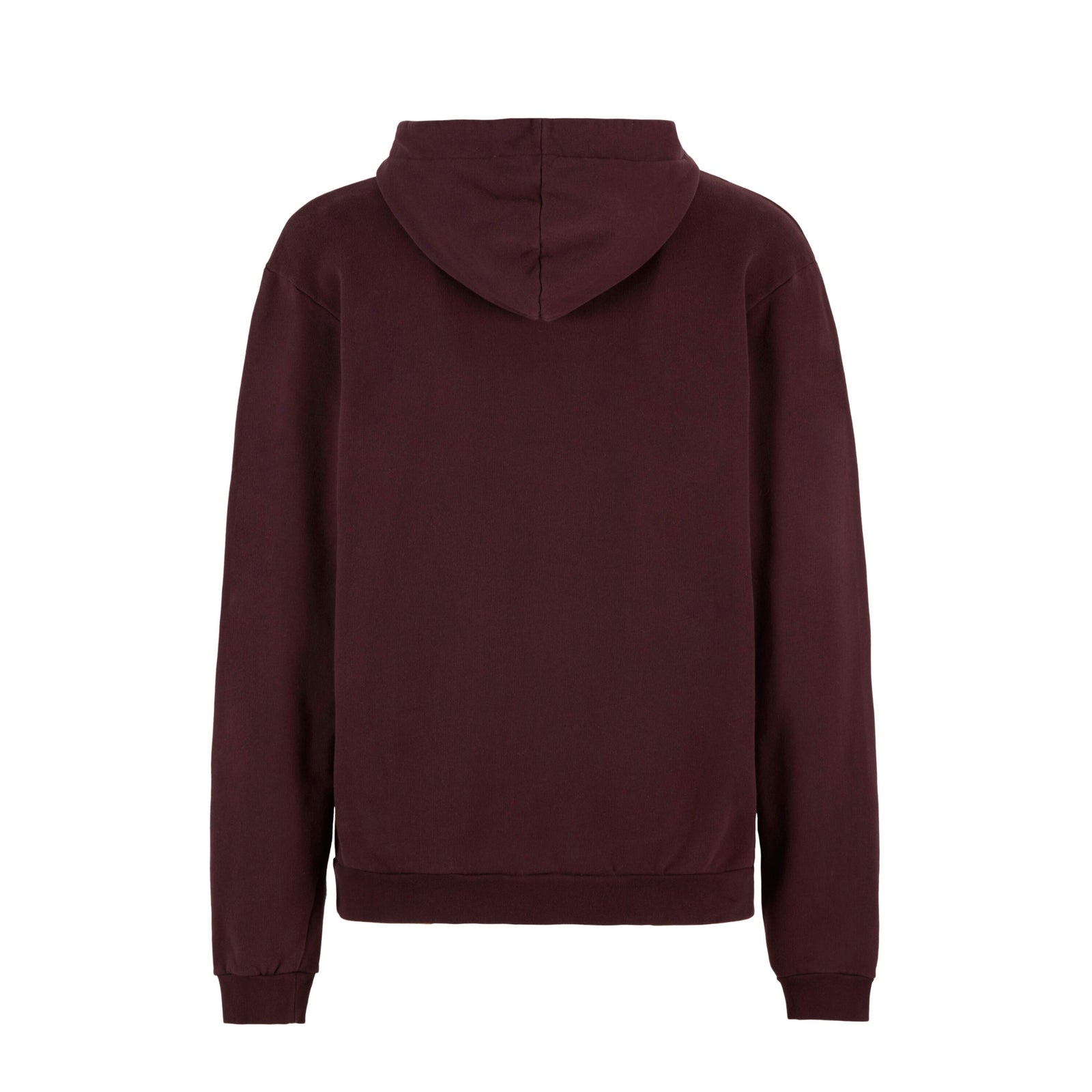 Maroon hoodie with a small logo on a white background