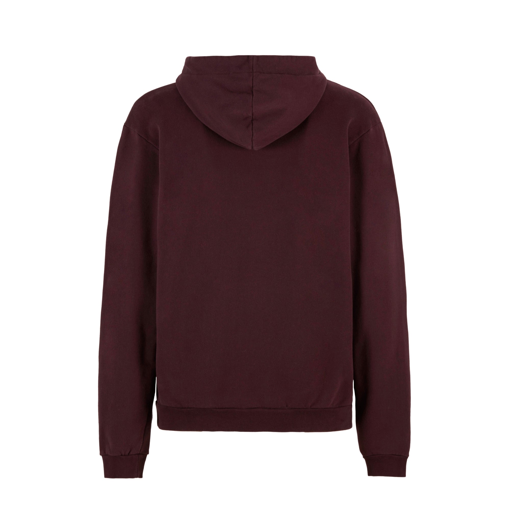 Maroon hoodie with a small logo on a white background