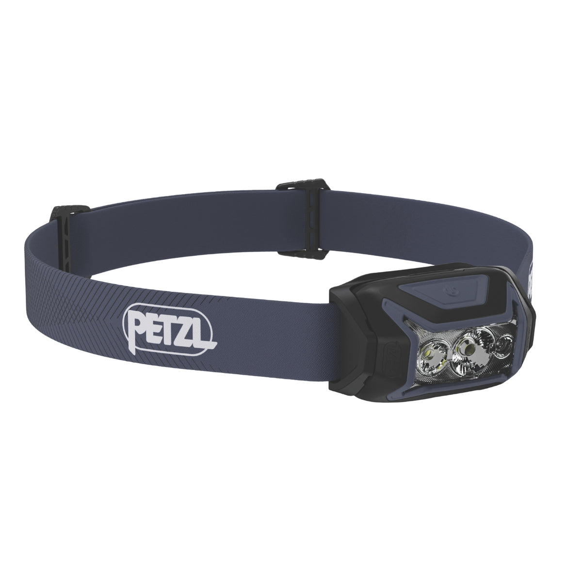 Headlamp with blue strap and Petzl logo on a white background