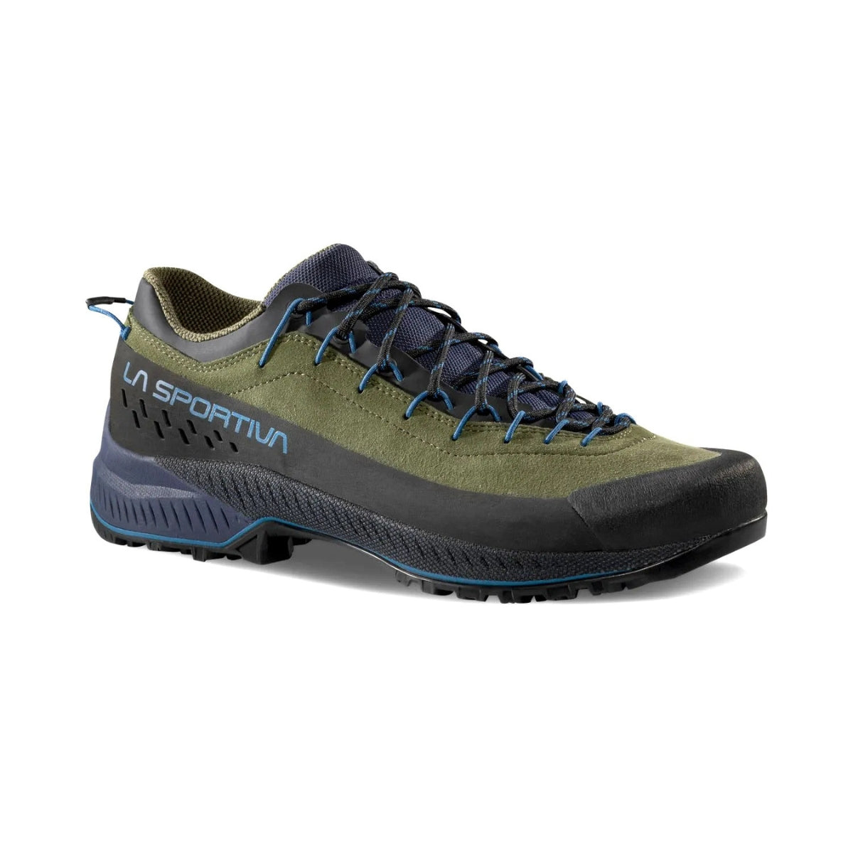 Green and black hiking shoe with 'La Sportiva' branding on a white background