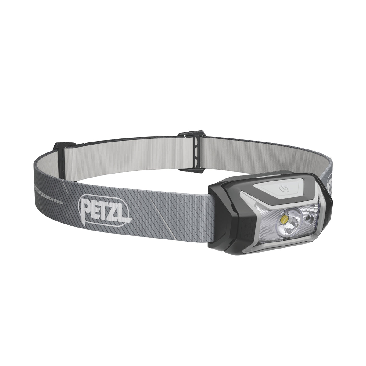 Headlamp with gray strap and Petzl logo on a white background
