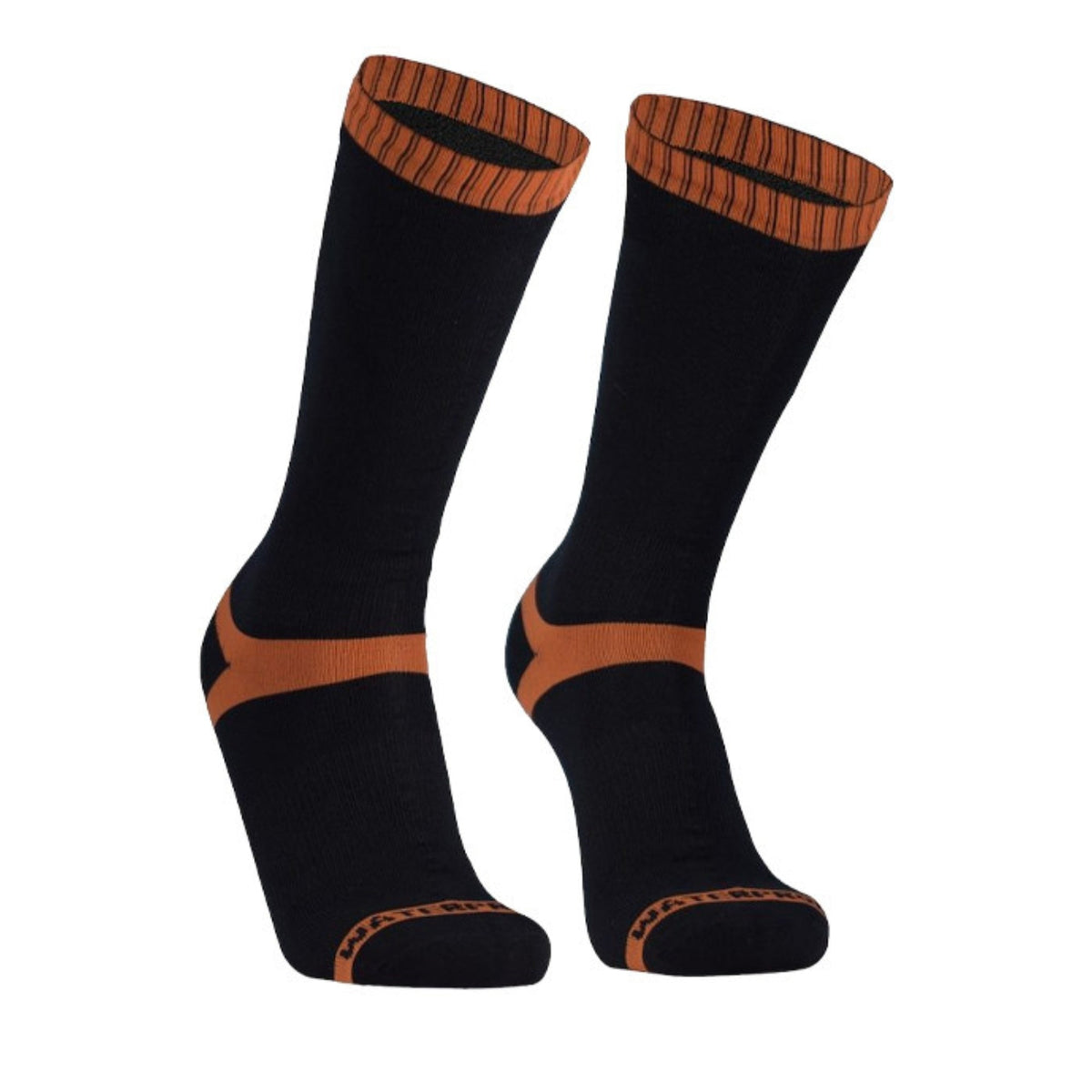 Black socks with orange accents on a white background