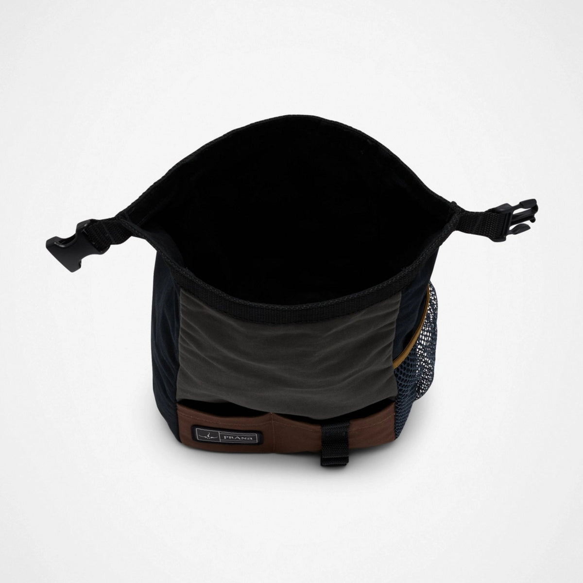 Multicolored bag with a visible brand logo on a light gray background