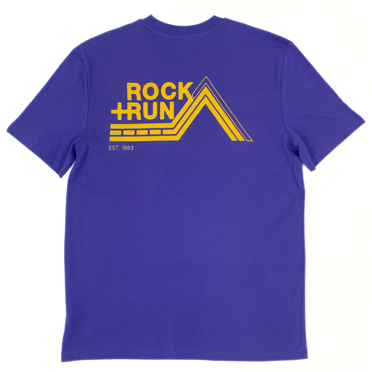 Purple t-shirt with yellow 'Rock Run' graphic on a white background