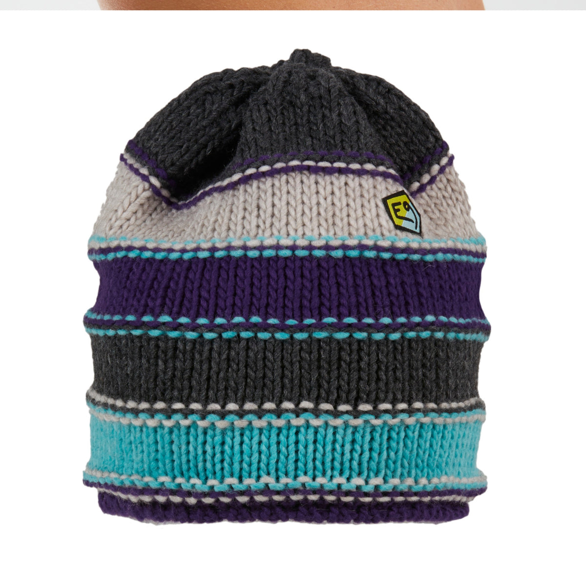 Knitted hat with striped pattern and brand logo on a white background