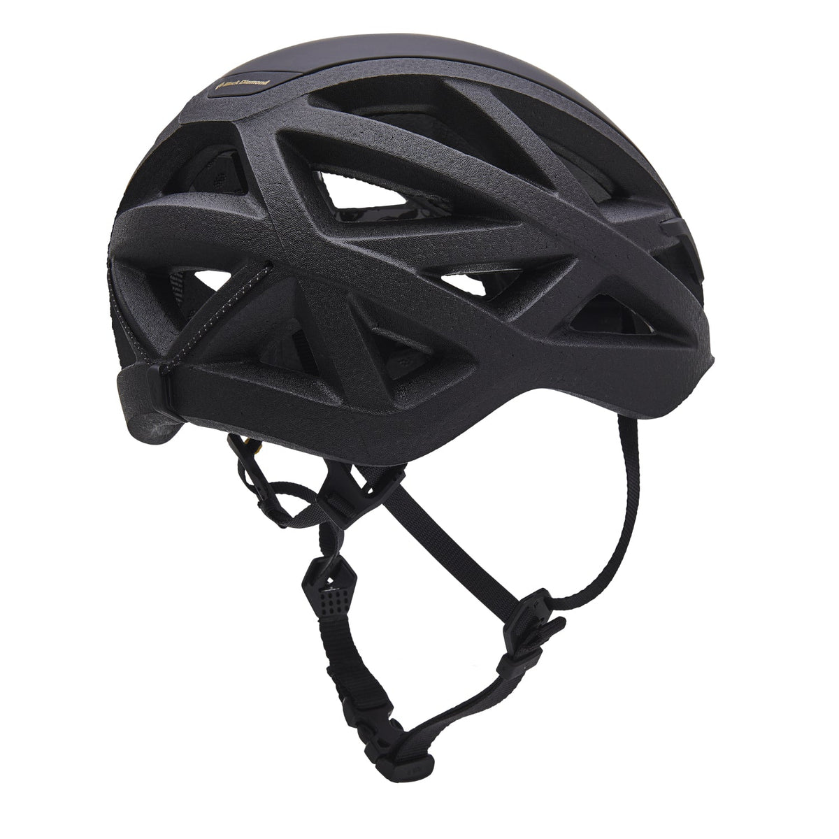 Black Diamond Vapor helmet in black with a gold logo showing rear of helmet