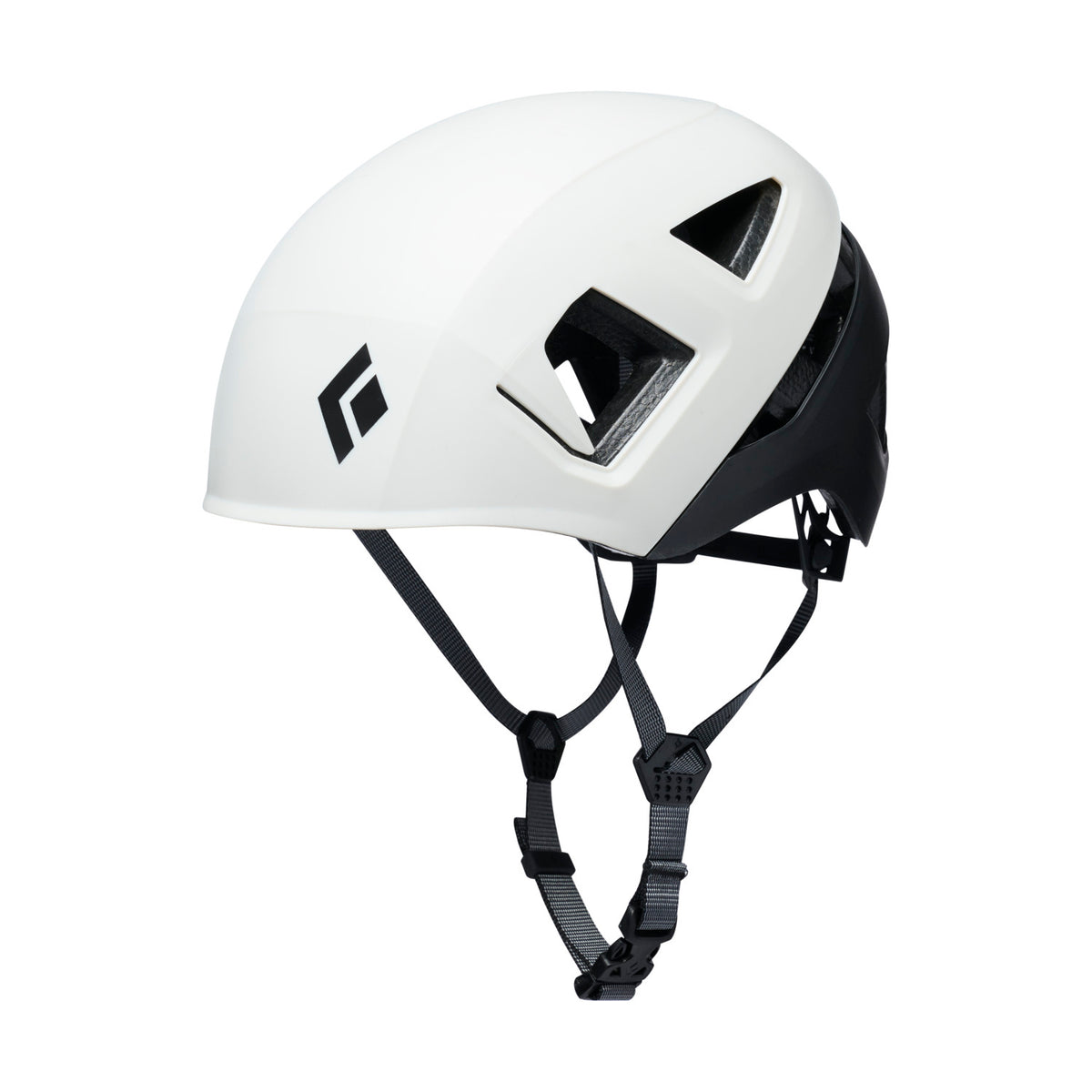 White climbing helmet with black straps on a white background