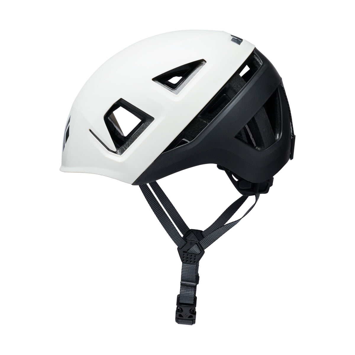 White and black helmet with a strap on a white background