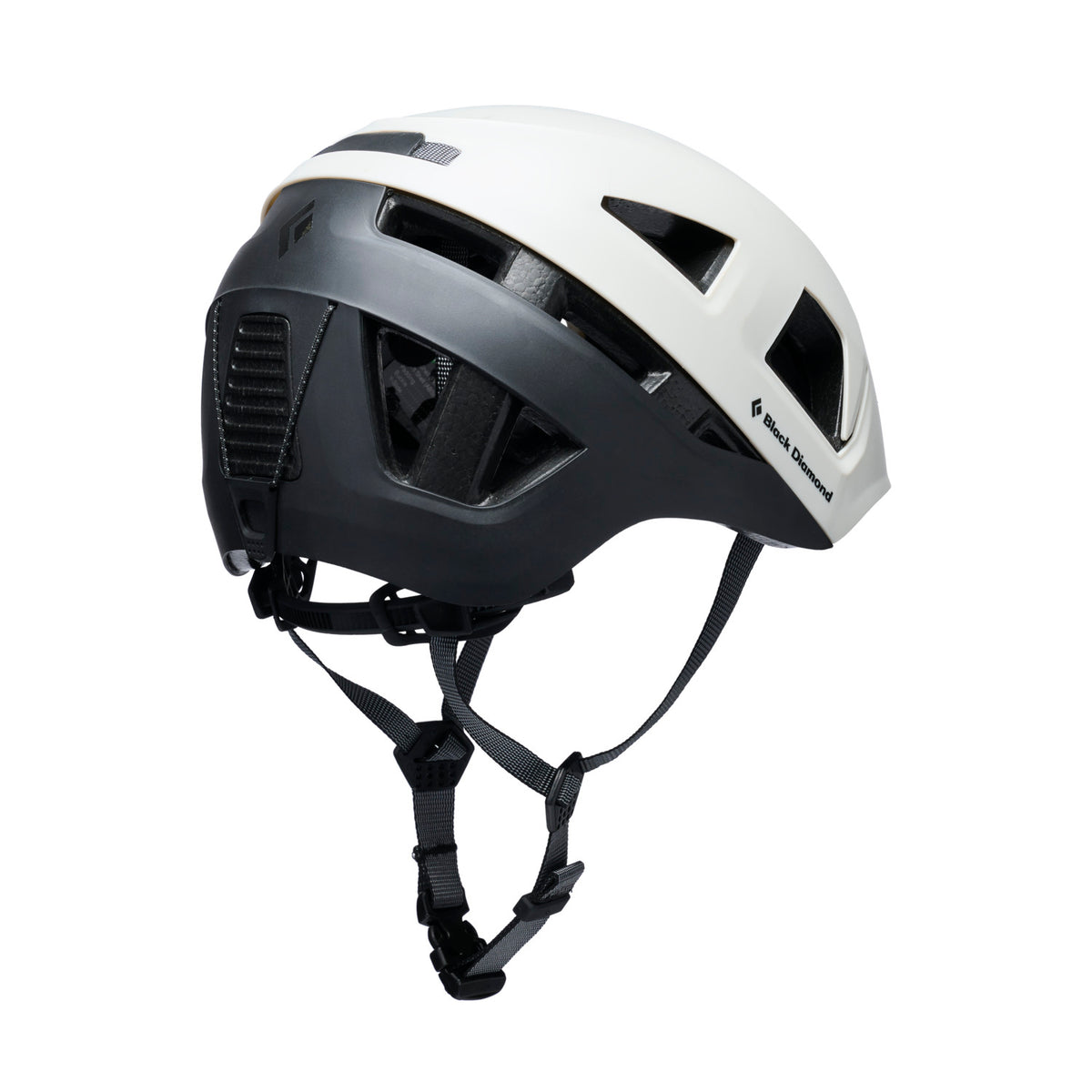 Two-toned helmet with black and white design on a white background