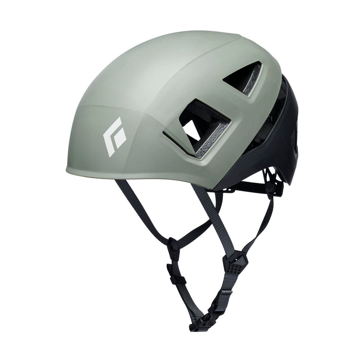 Gray helmet with black straps on a white background