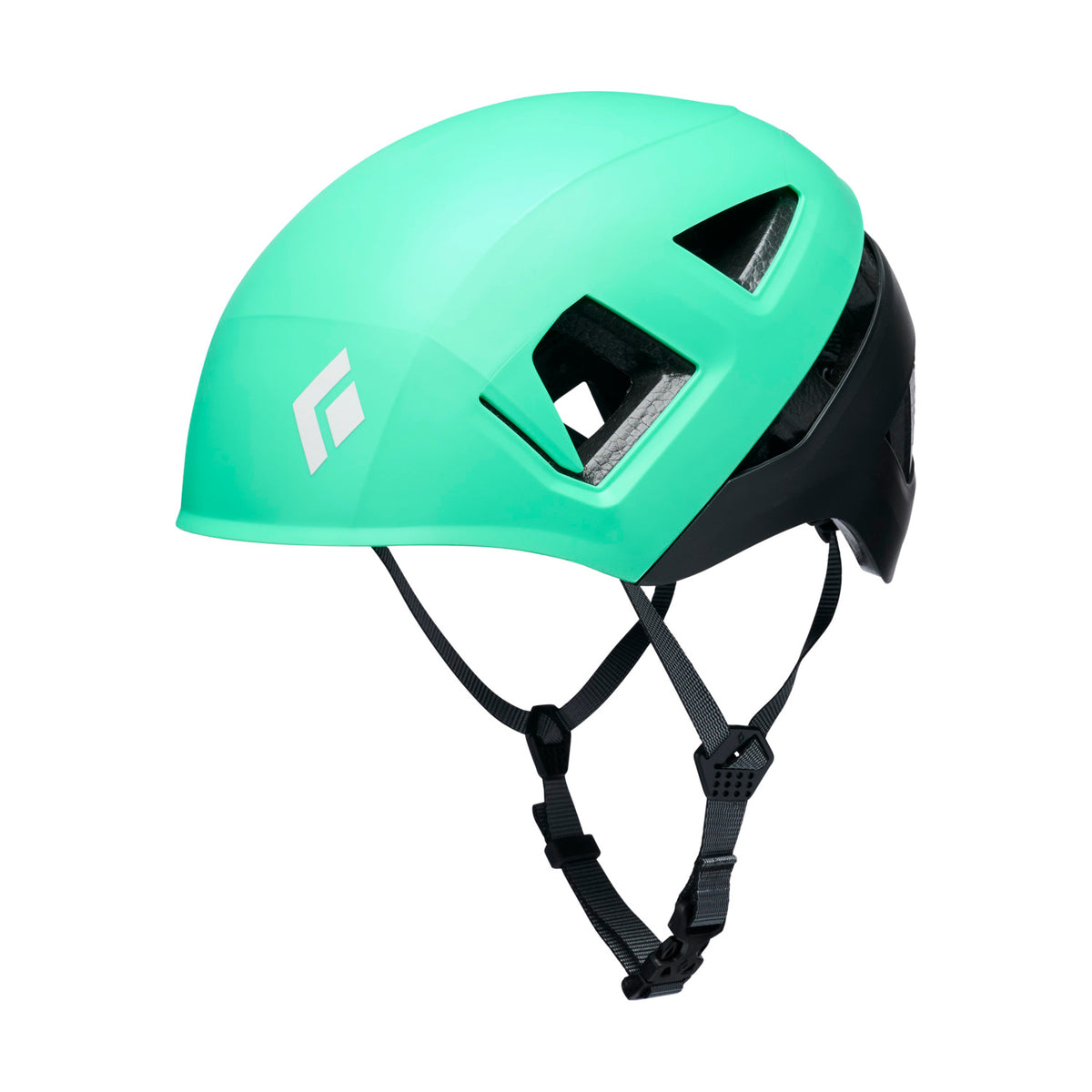 Green helmet with black straps on a white background