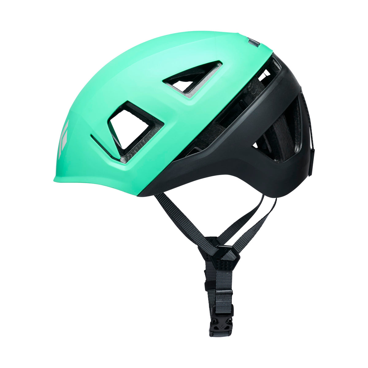 Green helmet with black straps on a white background