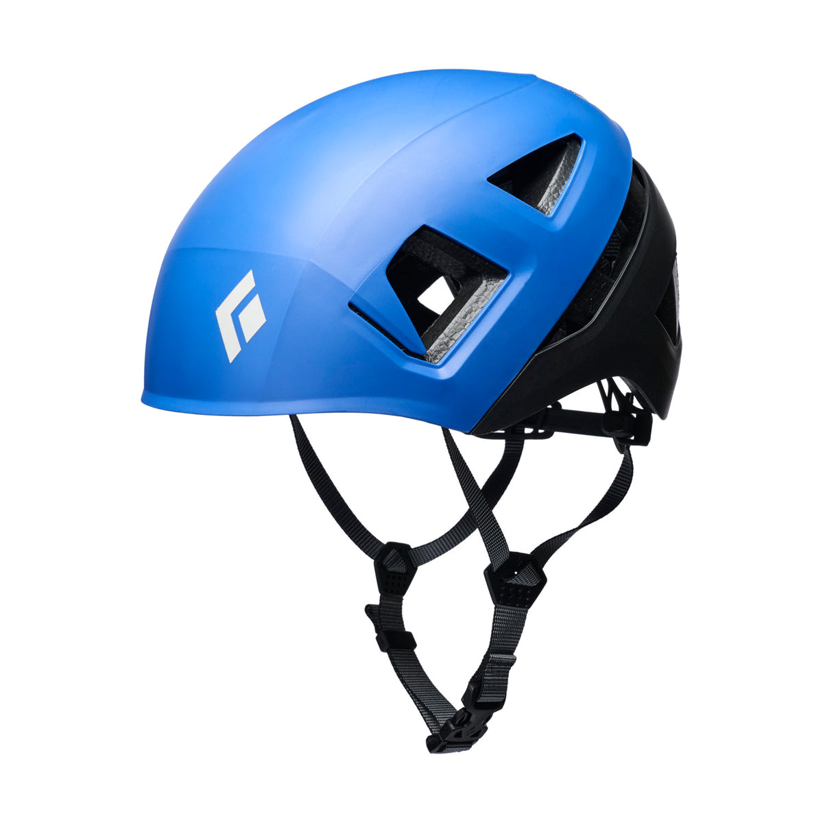 Blue helmet with a black strap on a white background