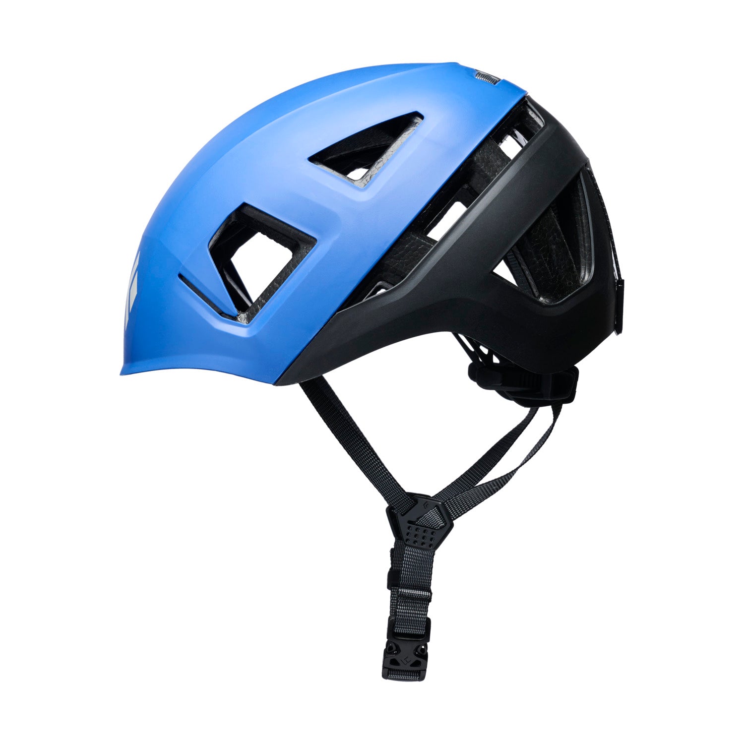 Blue helmet with a black strap on a white background