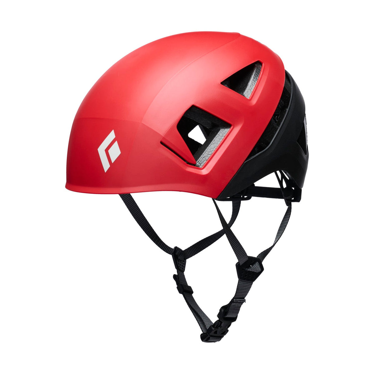 Red helmet with black straps on a white background