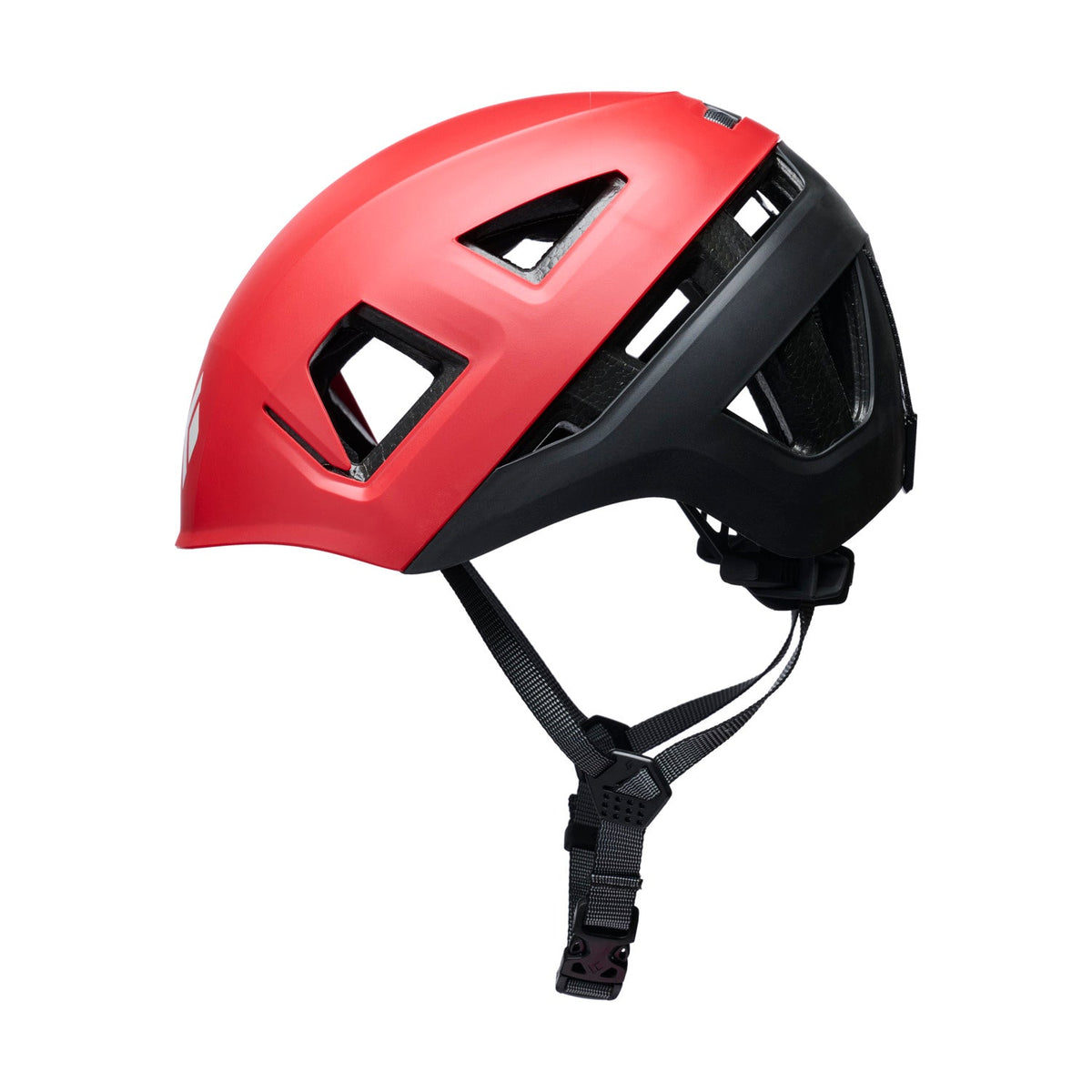 Red and black helmet on a white background