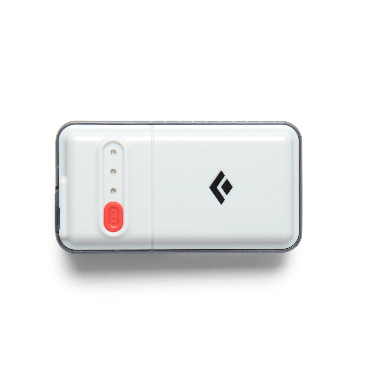 White electronic device with a red button and black logo on a white background